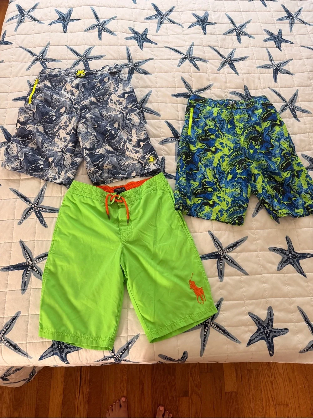 Ralph Lauren Neon Green Swim Shorts with Blue and Navy Patterned Trunks bodyglov